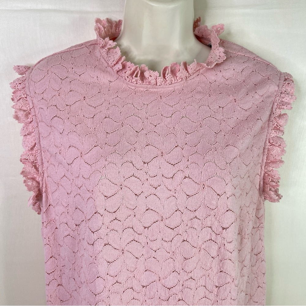 Everleigh Pink Floral Lace Ruffle Mock Neck Sleeveless Blouse Large